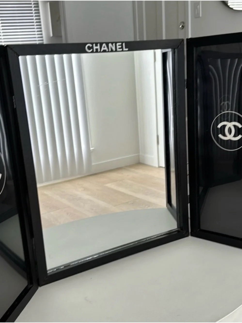 CHANEL Black Trifold Logo Vanity Mirror